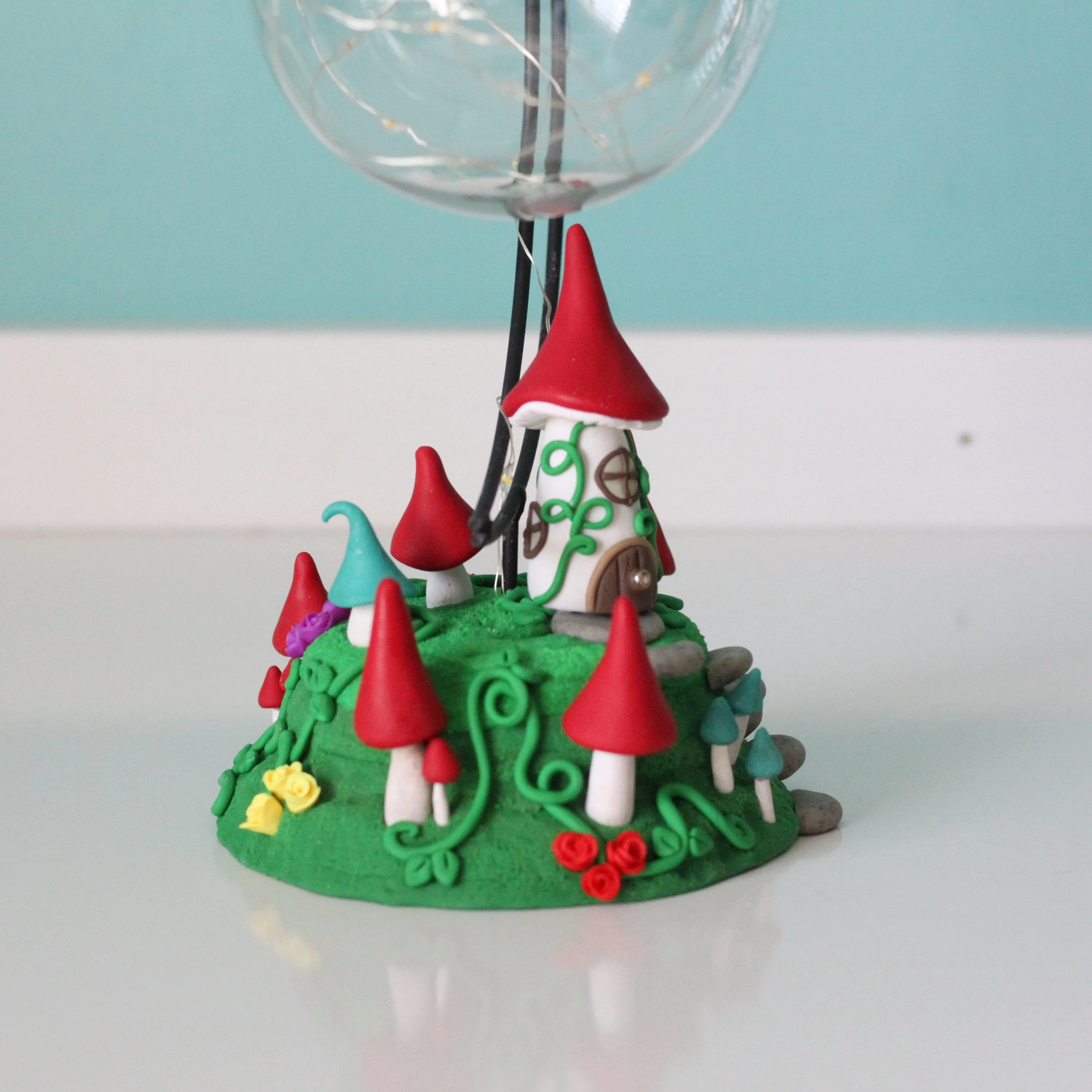 Fairy Mushroom house with Moon Ornament Hanger and fairy lights