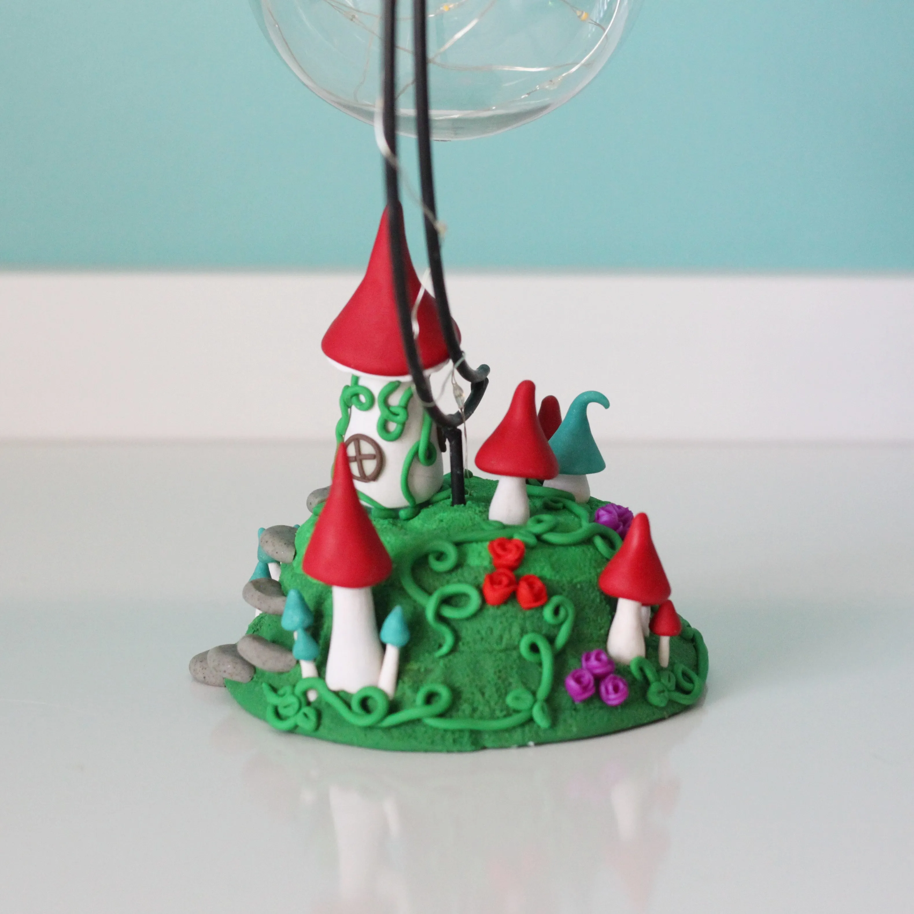 Fairy Mushroom house with Moon Ornament Hanger and fairy lights