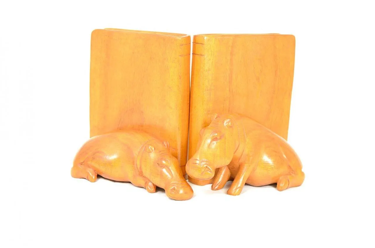 Handcarved Pair of Hippo Book Ends