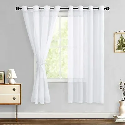 Hiasan White Sheer Curtains for Bedroom With Tiebacks, W52 X L63, 2 Soft Panels