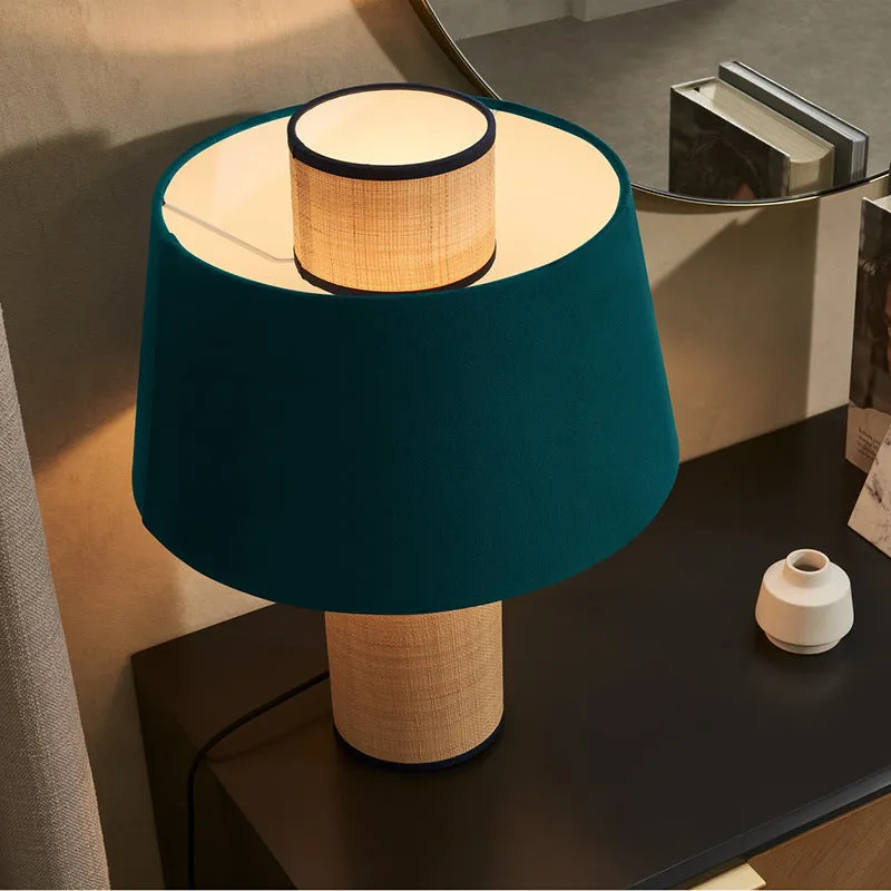 Japanese Minimalist Fabric Drum Column Dark Green 1-Light Table Lamp