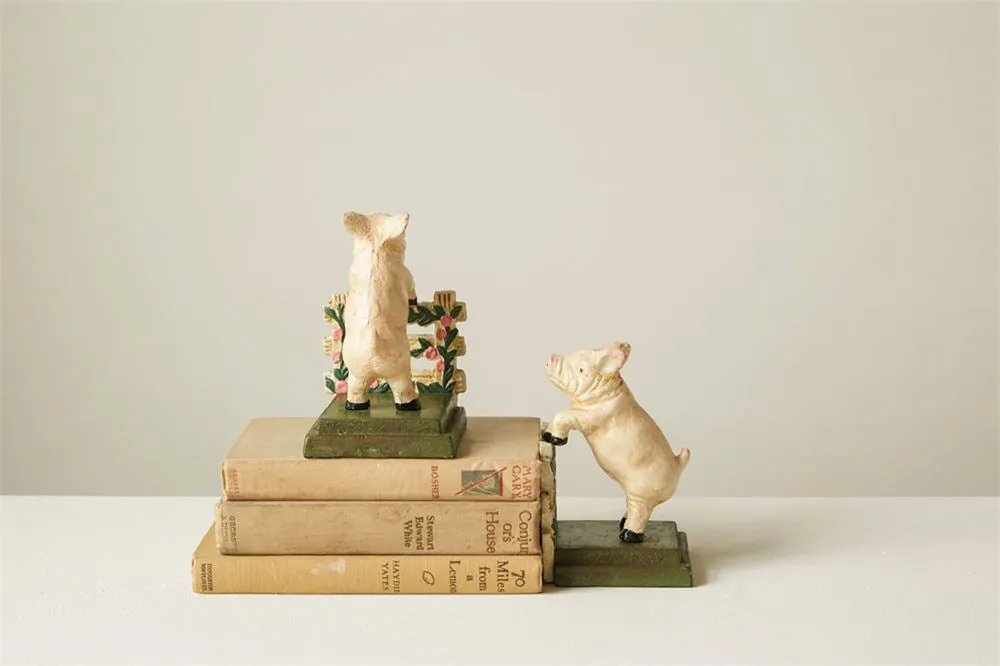 Kids Pig Bookends Rustic Hand Painted - Set of 2