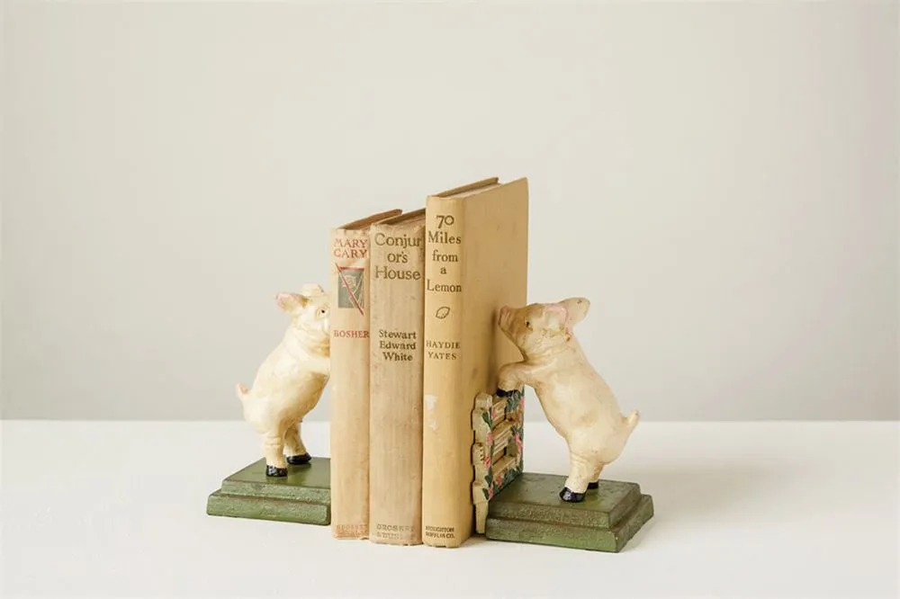 Kids Pig Bookends Rustic Hand Painted - Set of 2