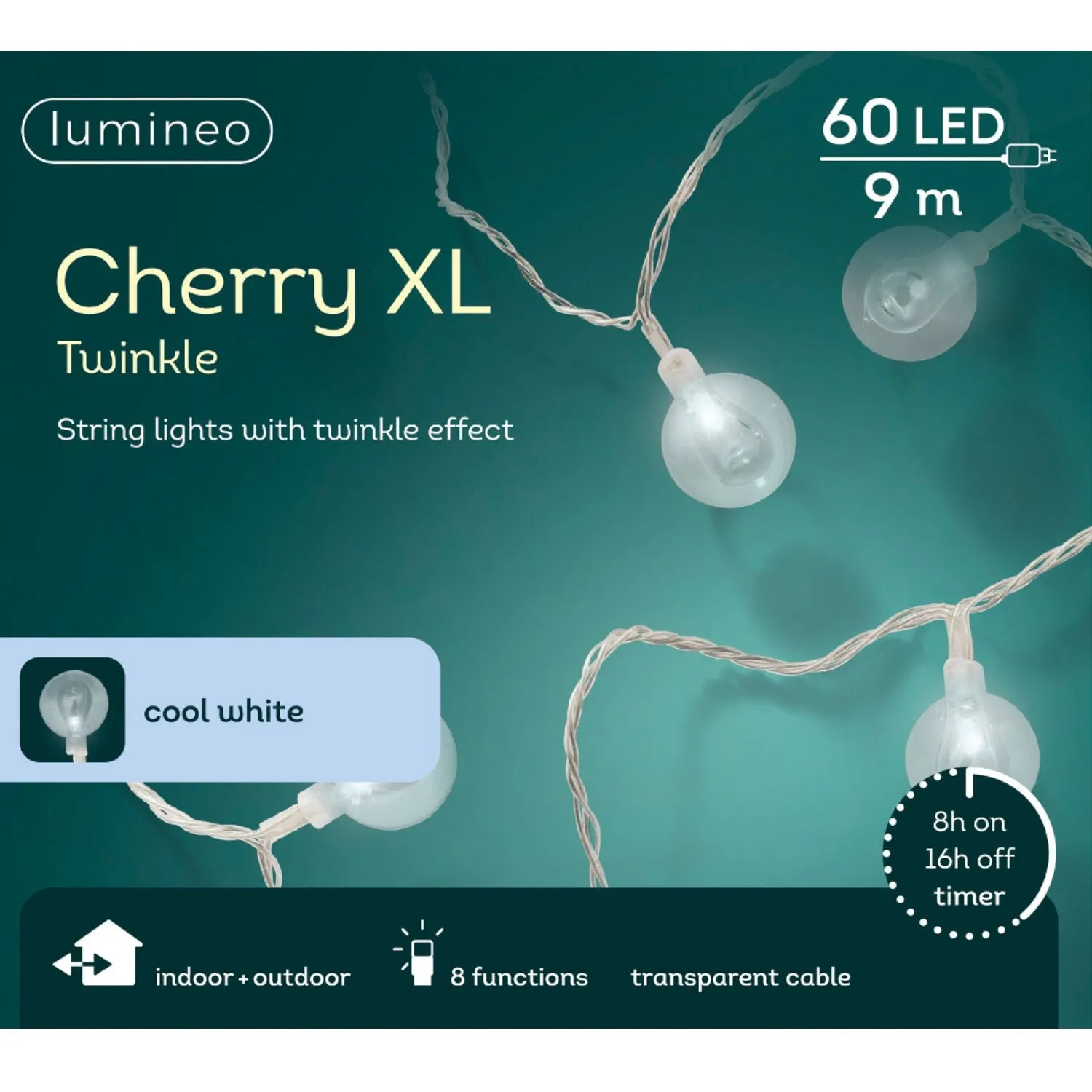 Lumineo 60 LED Cool White Cherry LED Twinkle Effect Outdoor String Lights