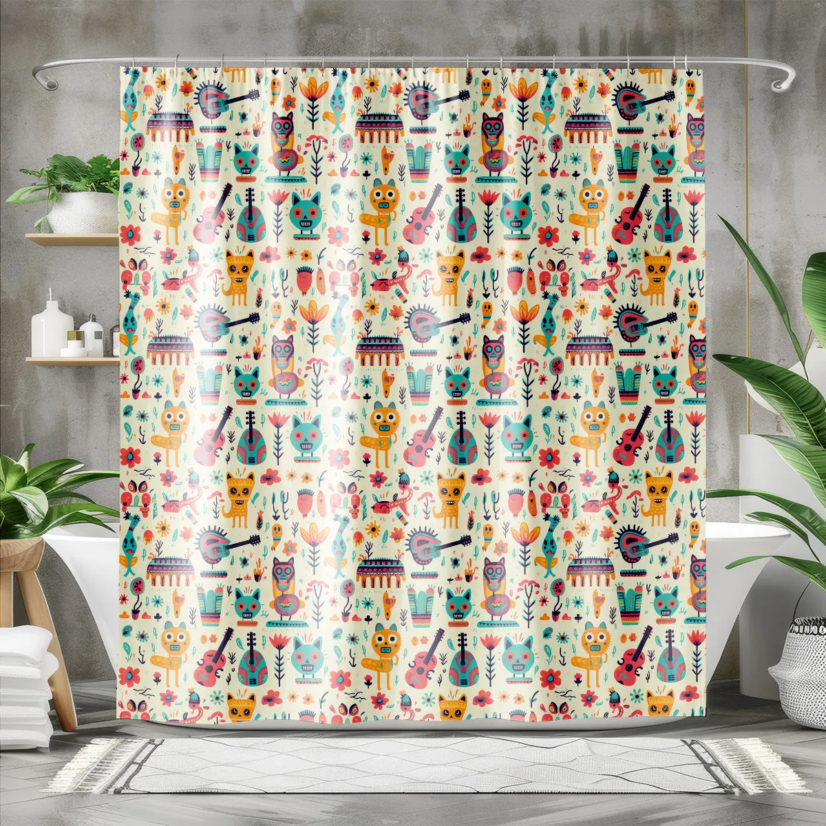 Mexican Animals Day of the Dead Shower Curtain |Lightweight 100% Polyester, Water and Mildew Resistant, Multiple sizes with Hooks