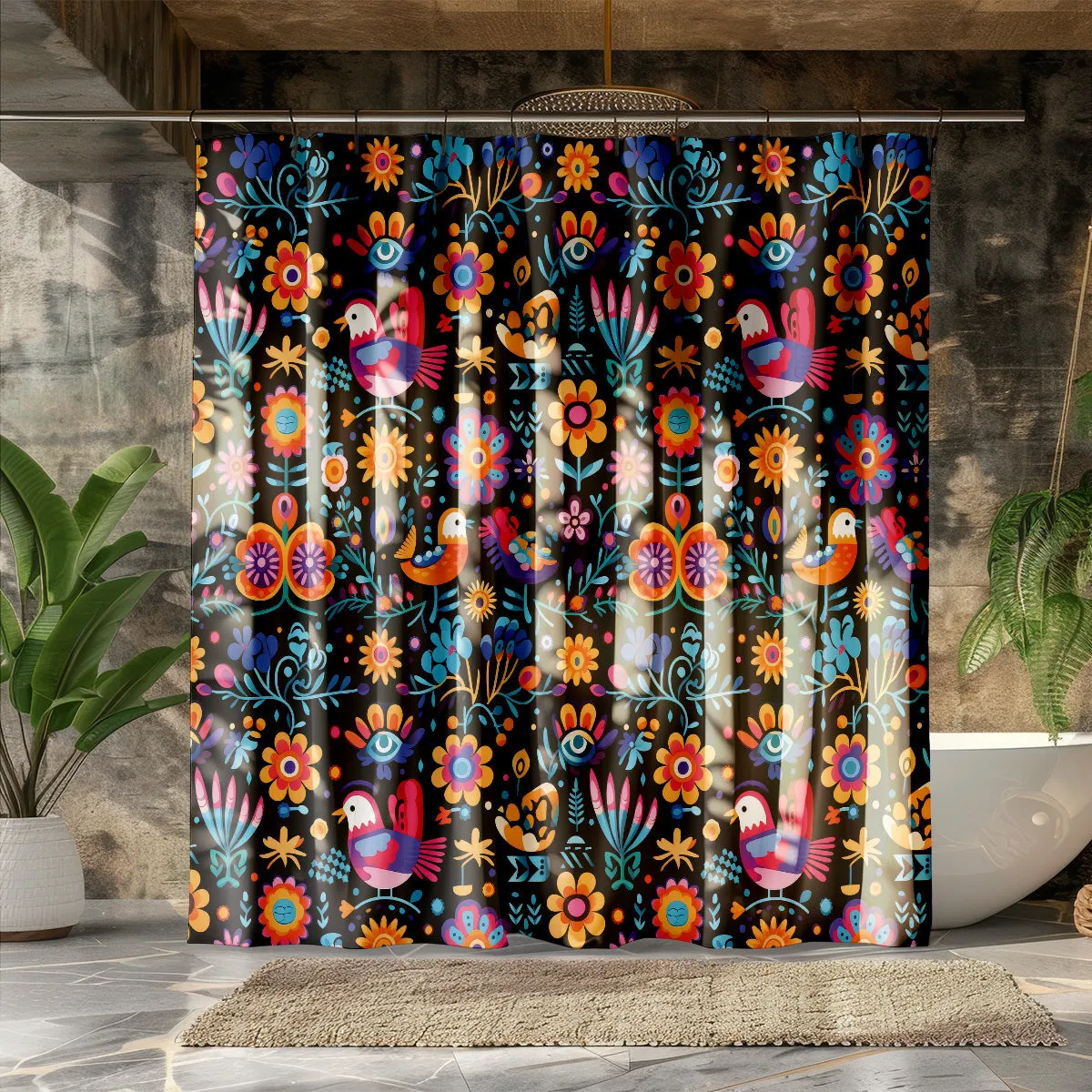 Mexican Colors Folk Art Shower Curtain | Lightweight 100% Polyester, Water and Mildew Resistant, Multiple sizes with Hooks