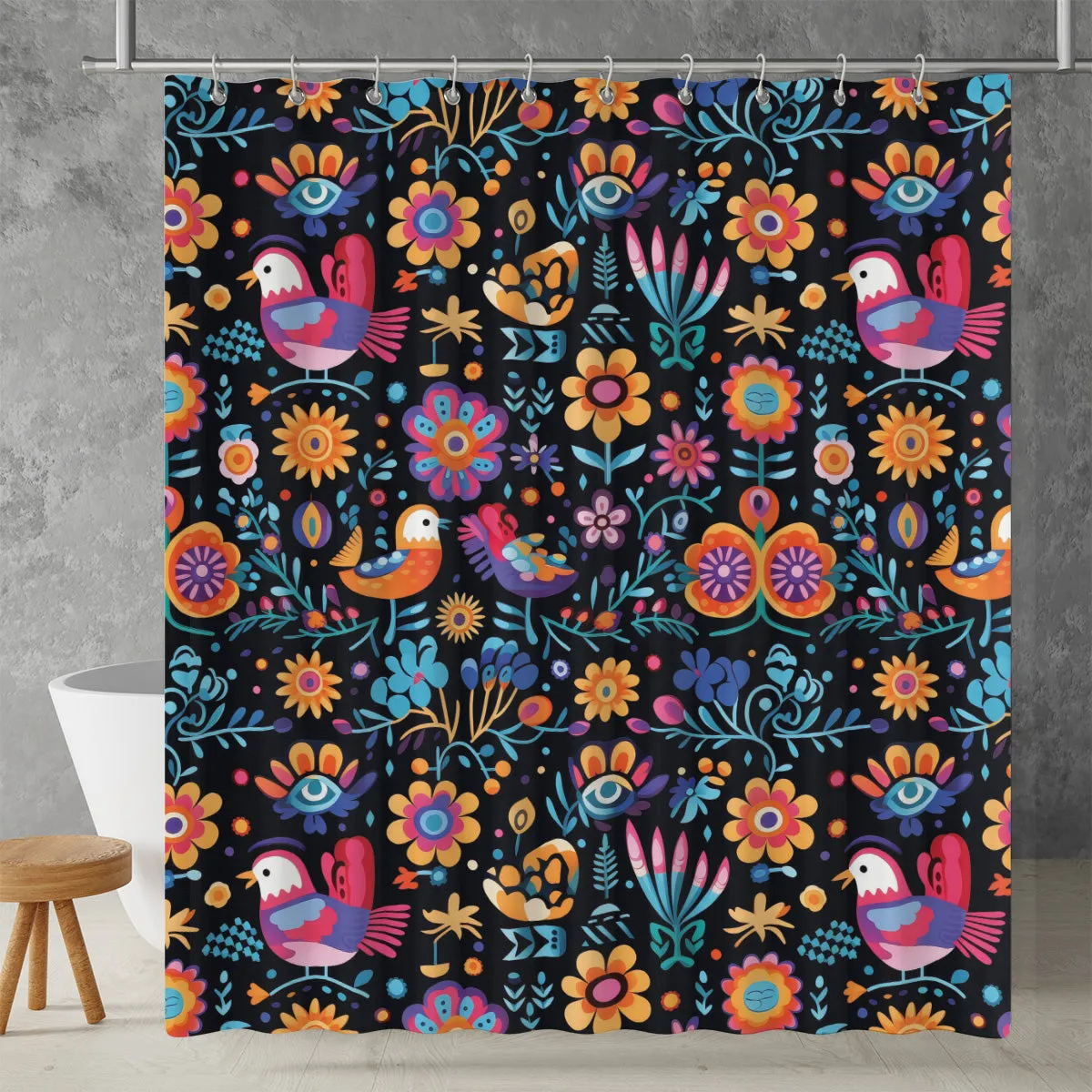 Mexican Colors Folk Art Shower Curtain | Lightweight 100% Polyester, Water and Mildew Resistant, Multiple sizes with Hooks