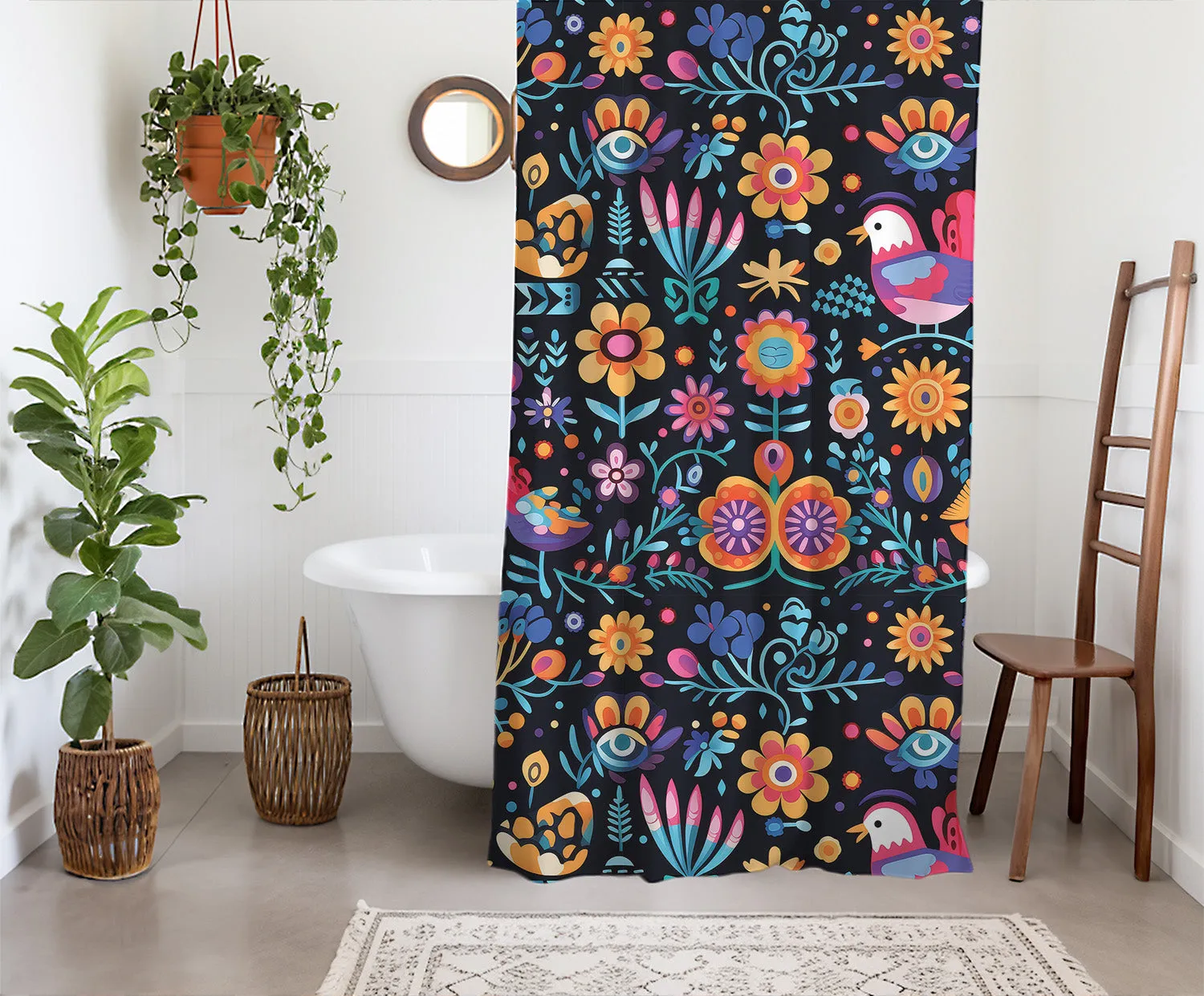 Mexican Colors Folk Art Shower Curtain | Lightweight 100% Polyester, Water and Mildew Resistant, Multiple sizes with Hooks