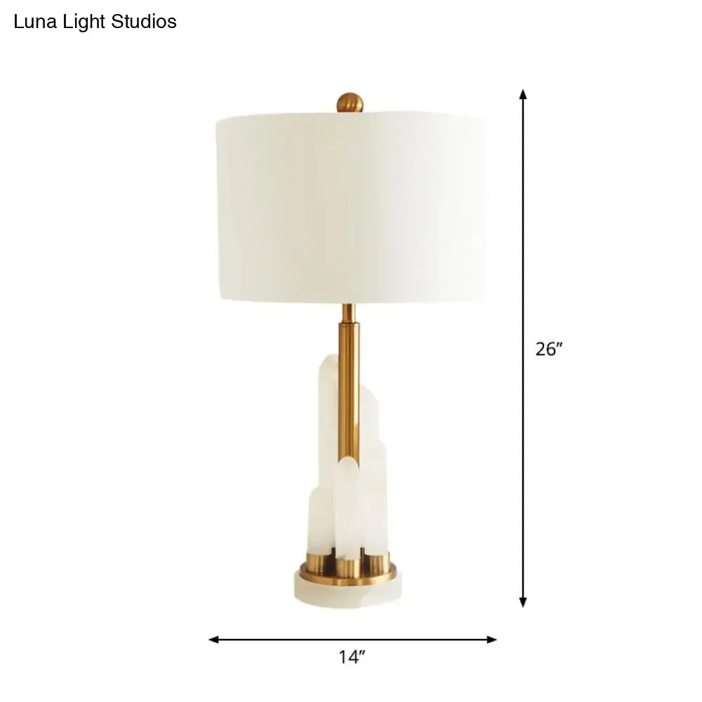 Minimalist 1-Head Fabric Bedside Lamp with Mica Base in White - Drum Table Lighting