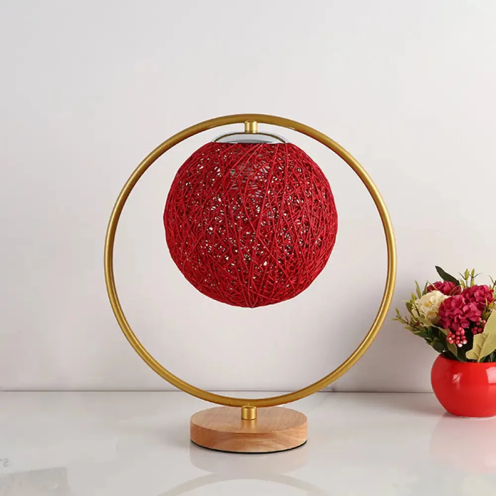 Minimalist Beige/Red Sphere Desk Lamp with Single Fabric Head and Round Frame Design