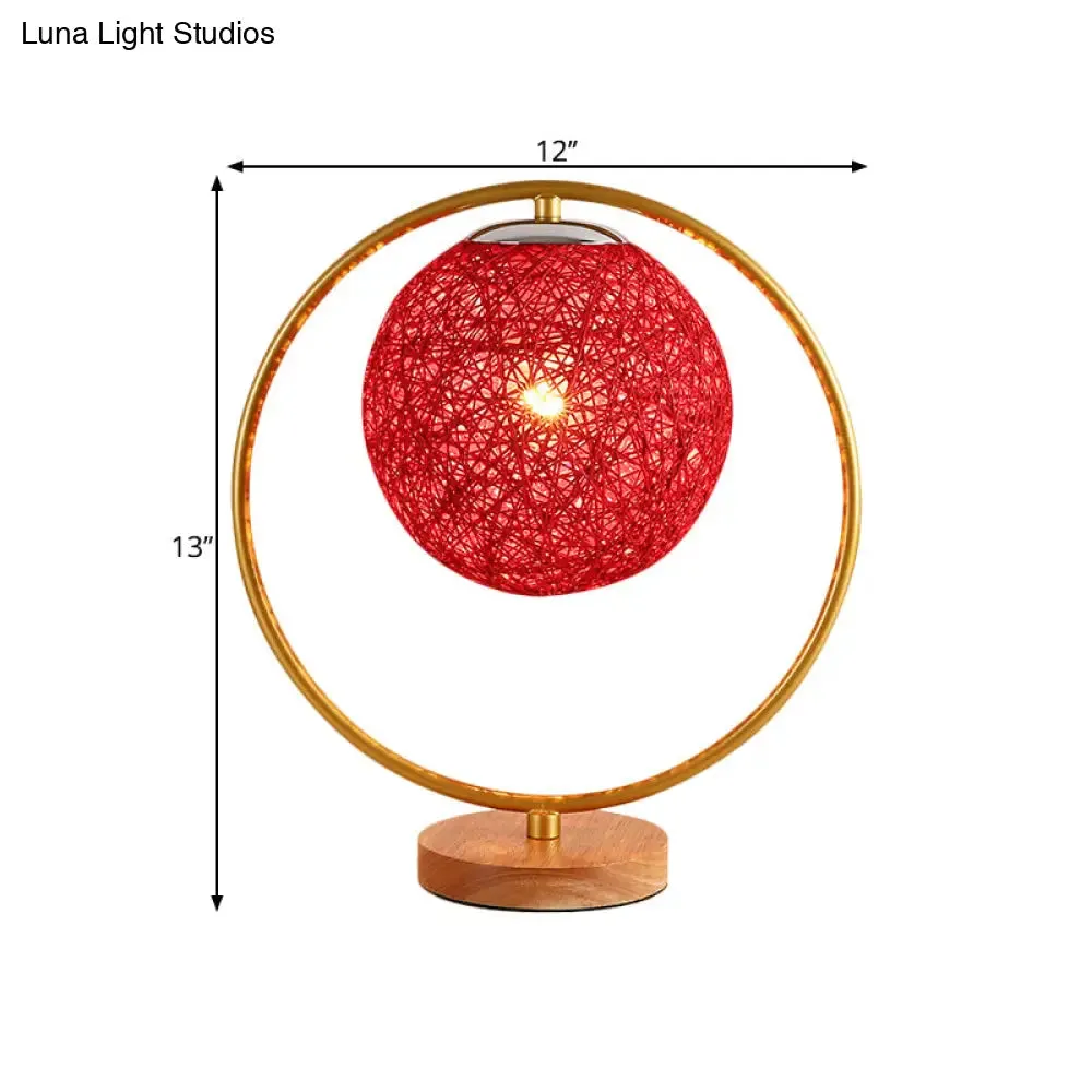 Minimalist Beige/Red Sphere Desk Lamp with Single Fabric Head and Round Frame Design