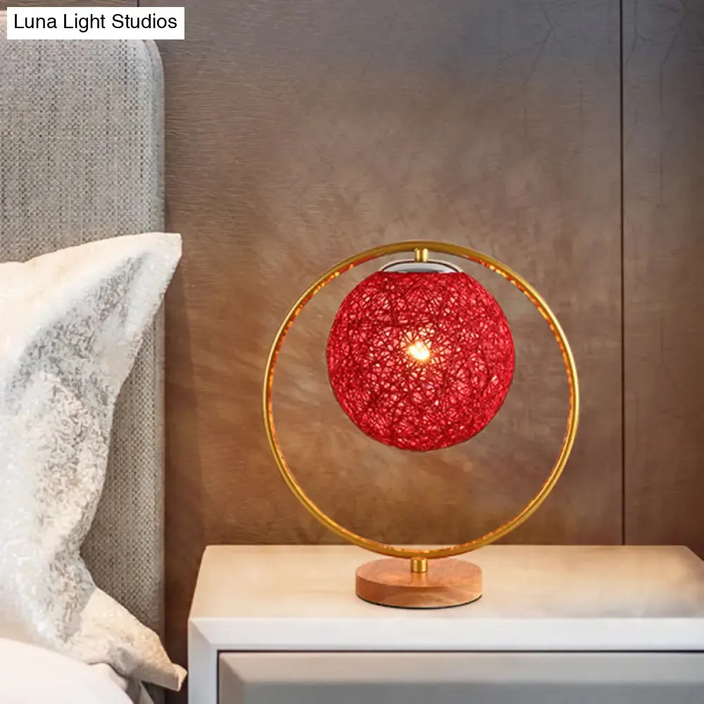 Minimalist Beige/Red Sphere Desk Lamp with Single Fabric Head and Round Frame Design