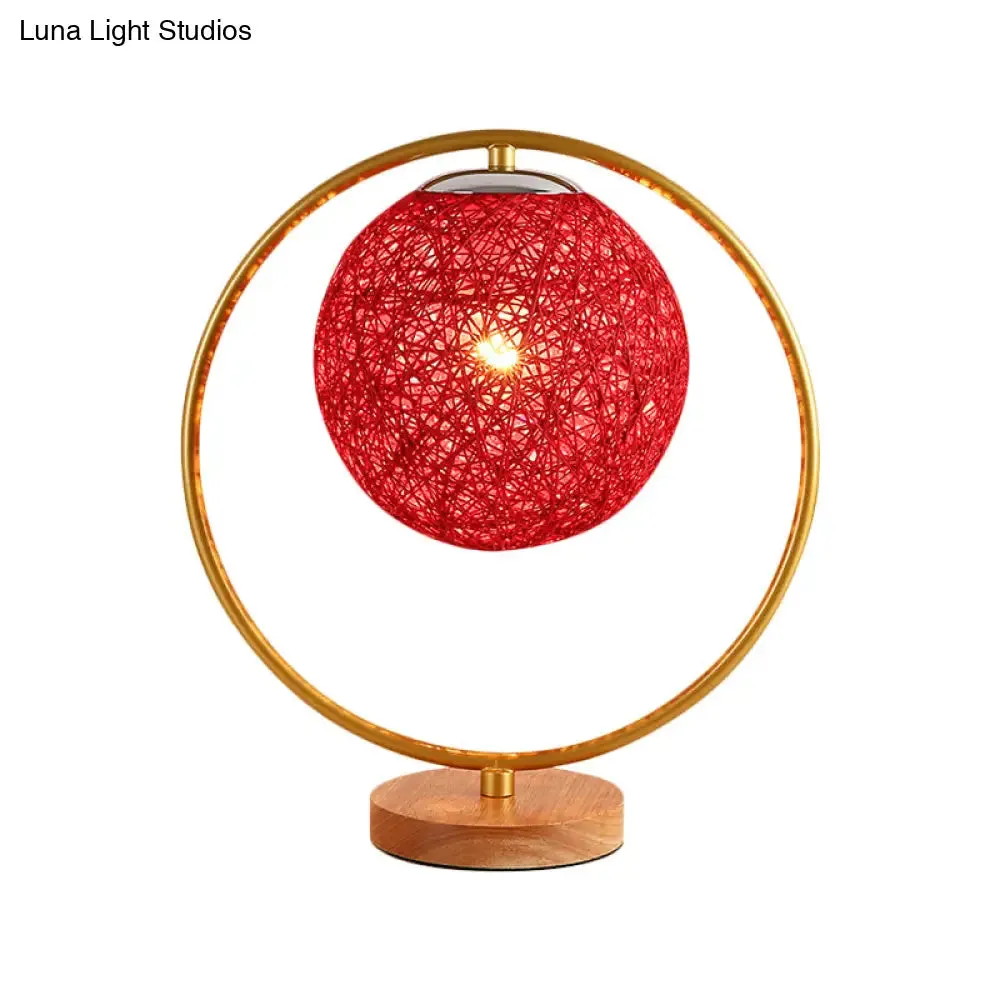 Minimalist Beige/Red Sphere Desk Lamp with Single Fabric Head and Round Frame Design