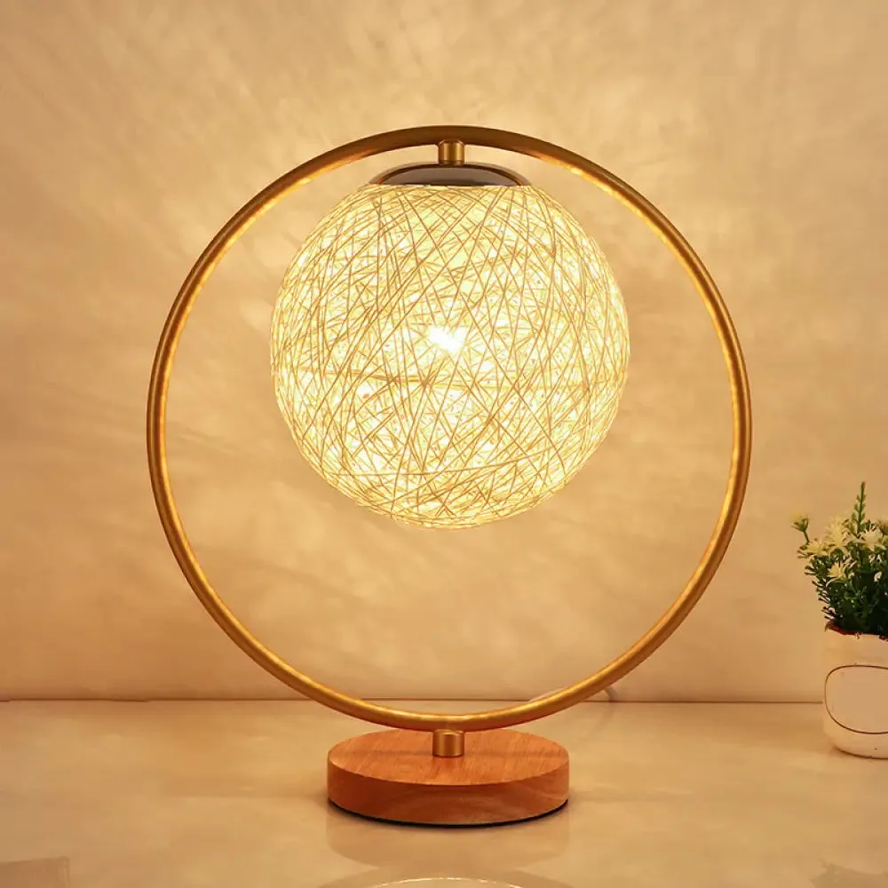 Minimalist Beige/Red Sphere Desk Lamp with Single Fabric Head and Round Frame Design