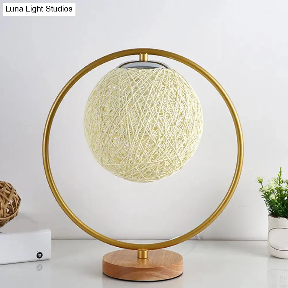 Minimalist Beige/Red Sphere Desk Lamp with Single Fabric Head and Round Frame Design