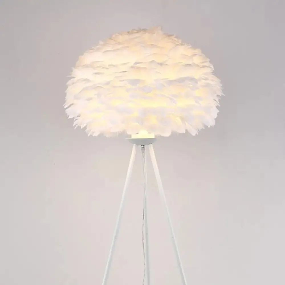 Minimalist Black-White Floor Lamp with Feather Dome Shade - 1-Light Living Room Stand Up Light