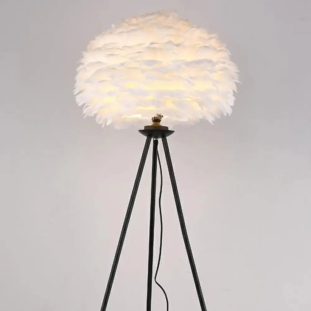 Minimalist Black-White Floor Lamp with Feather Dome Shade - 1-Light Living Room Stand Up Light