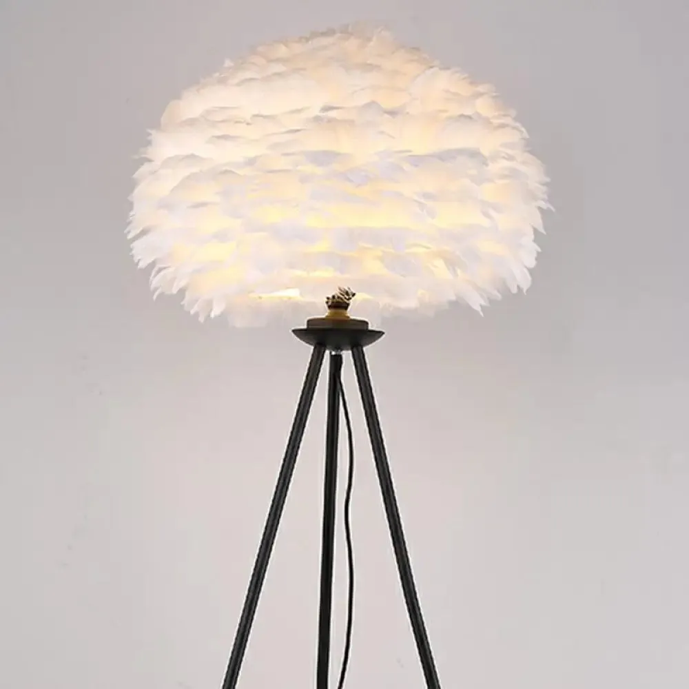 Minimalist Black-White Floor Lamp with Feather Dome Shade - 1-Light Living Room Stand Up Light