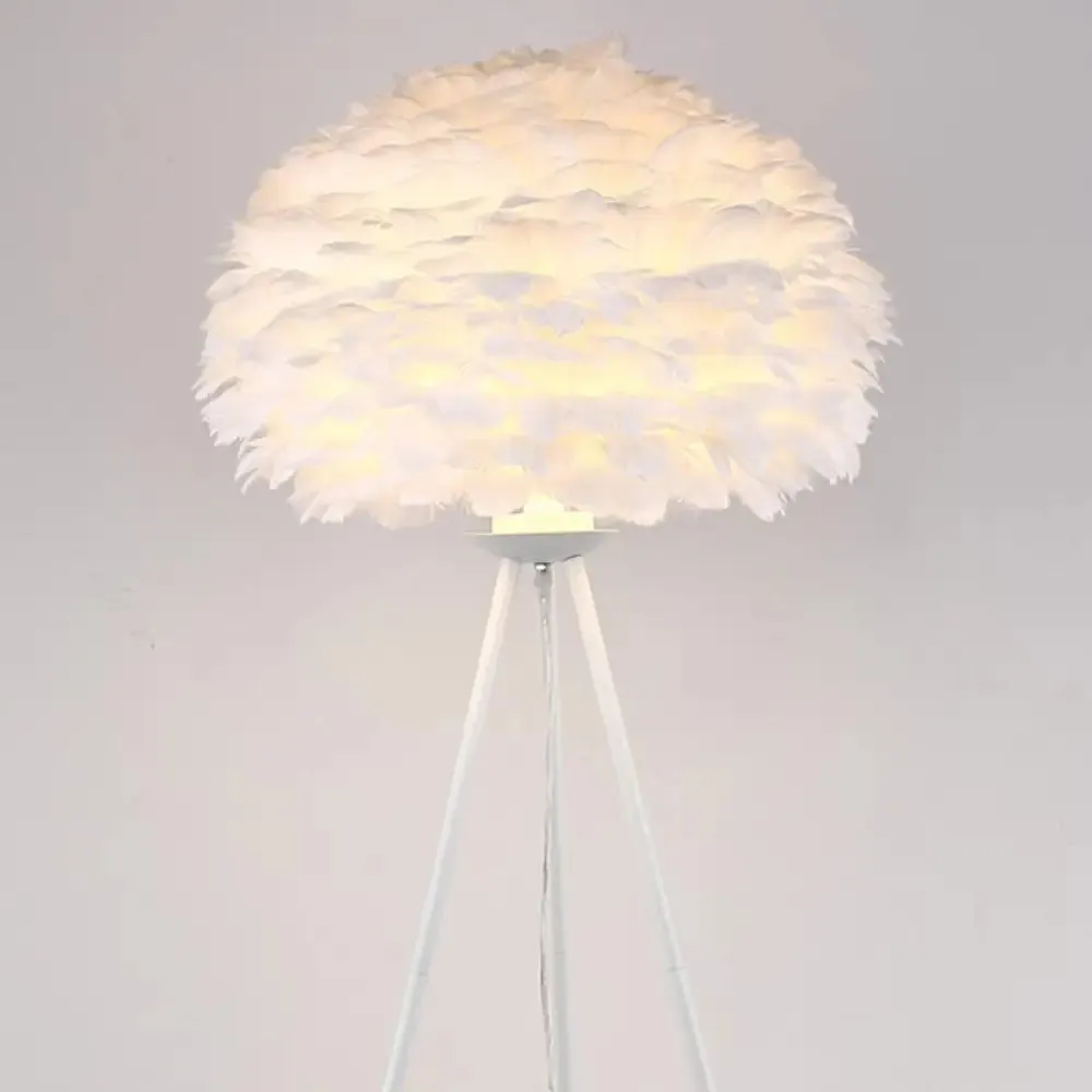 Minimalist Black-White Floor Lamp with Feather Dome Shade - 1-Light Living Room Stand Up Light