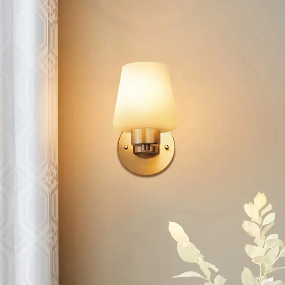 Minimalist Conic Wall Sconce Light: Cream Glass, Brass Mount for Dining Room