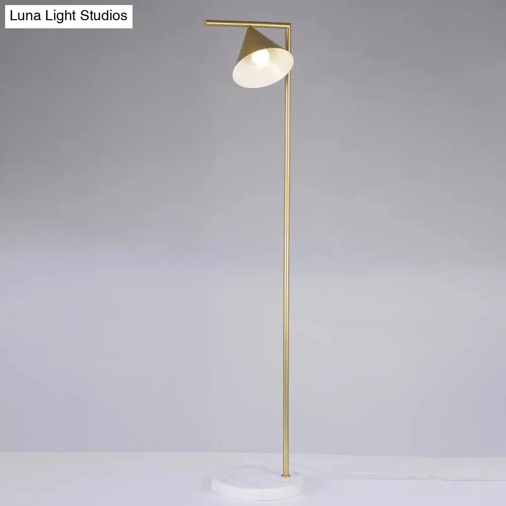 Minimalist Conical Shade Floor Light with Right Angle Arm - Black/Gold Finish Stand-Up Lamp