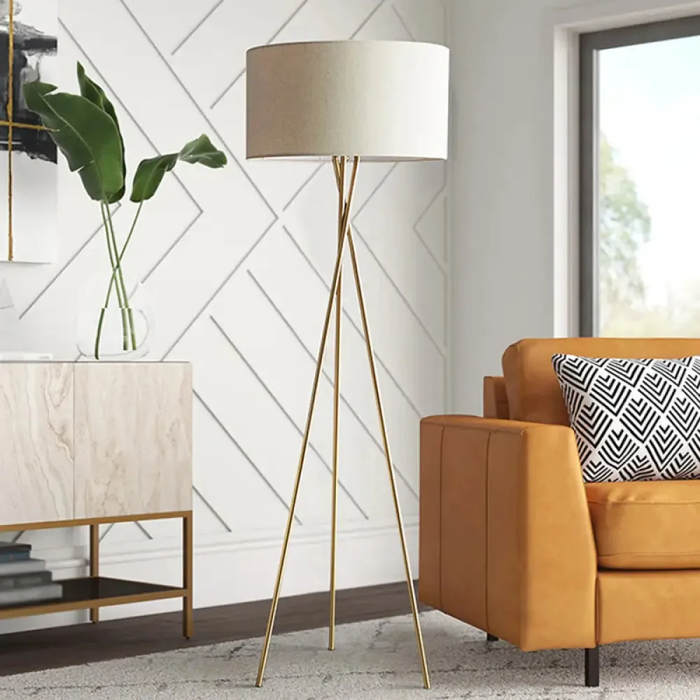 Minimalist Drum-Shaped Fabric Floor Lamp with Metal Tripod Stand