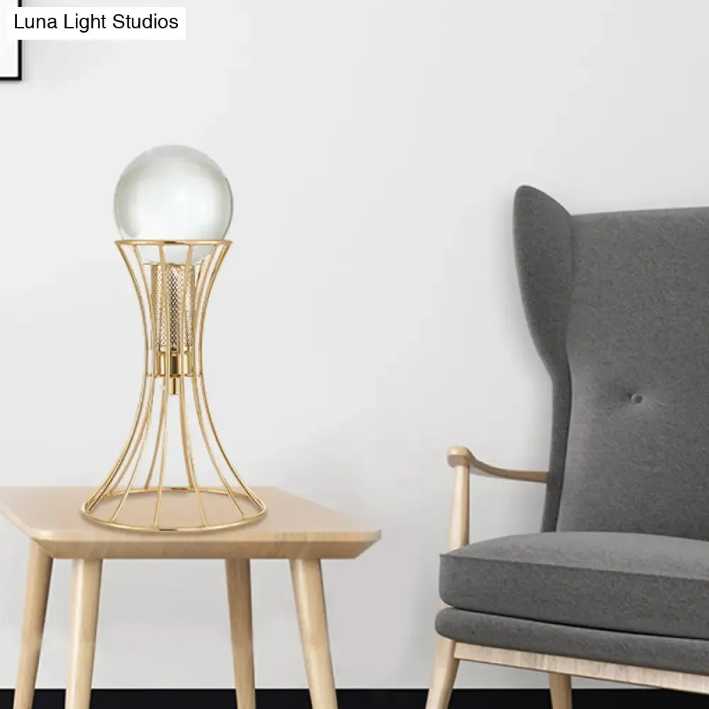 Minimalist LED Crystal Sphere Desk Lamp with Gold Hourglass Cage Metallic Base