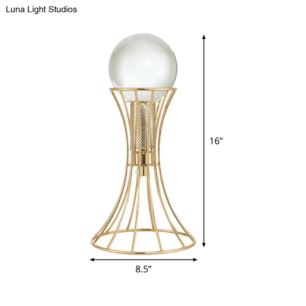 Minimalist LED Crystal Sphere Desk Lamp with Gold Hourglass Cage Metallic Base