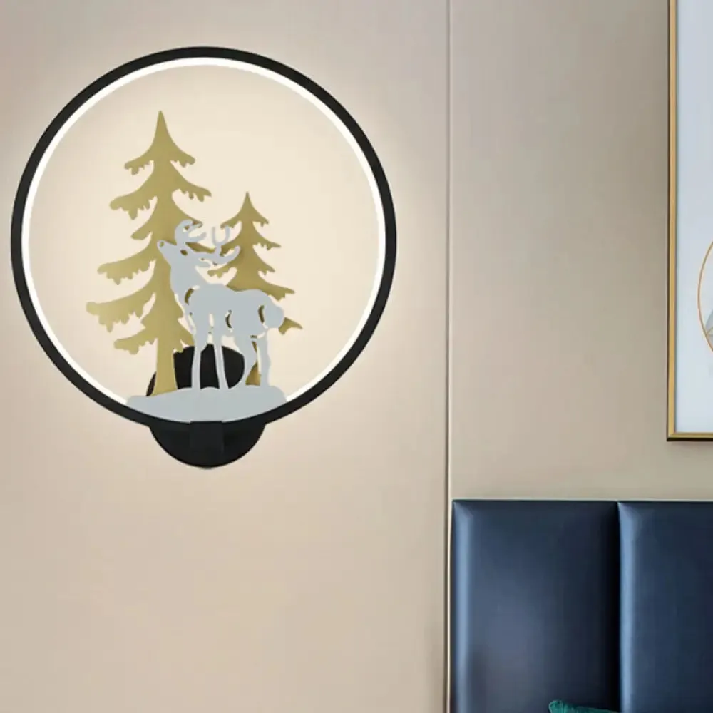 Minimalist LED Metal Wall Light Fixture with Black/White Deer and Tree Mural - Warm/White Lighting