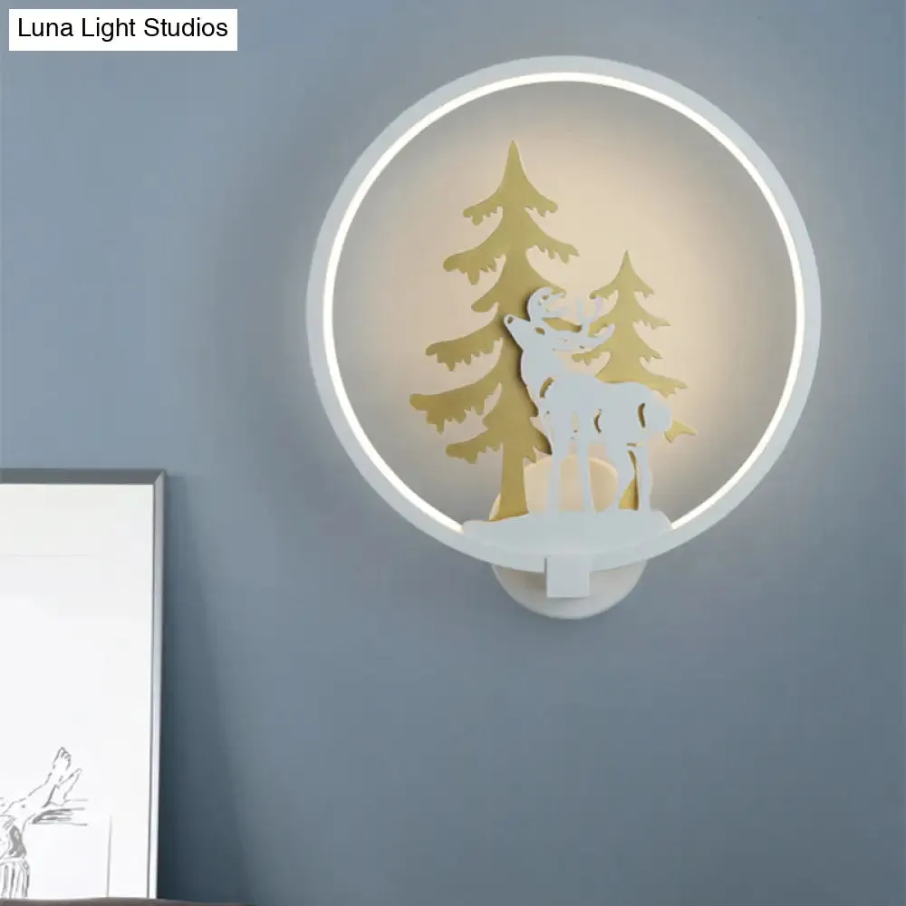 Minimalist LED Metal Wall Light Fixture with Black/White Deer and Tree Mural - Warm/White Lighting