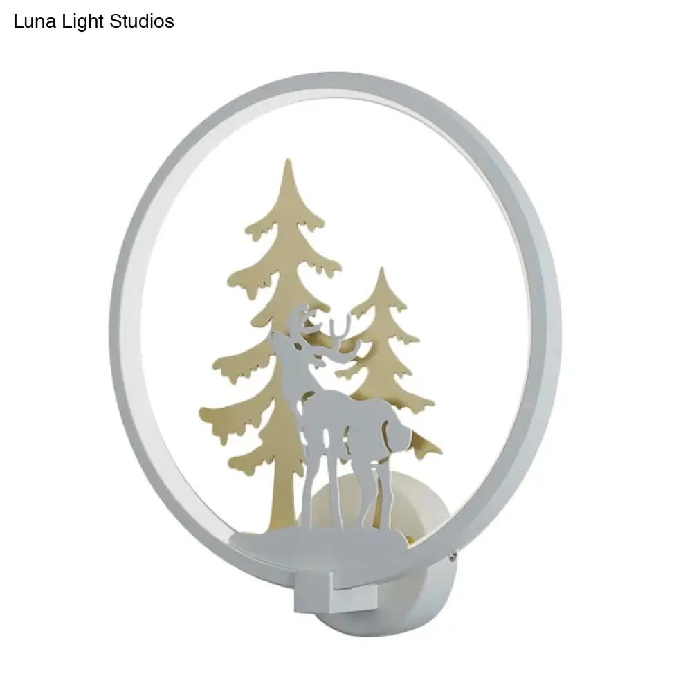 Minimalist LED Metal Wall Light Fixture with Black/White Deer and Tree Mural - Warm/White Lighting