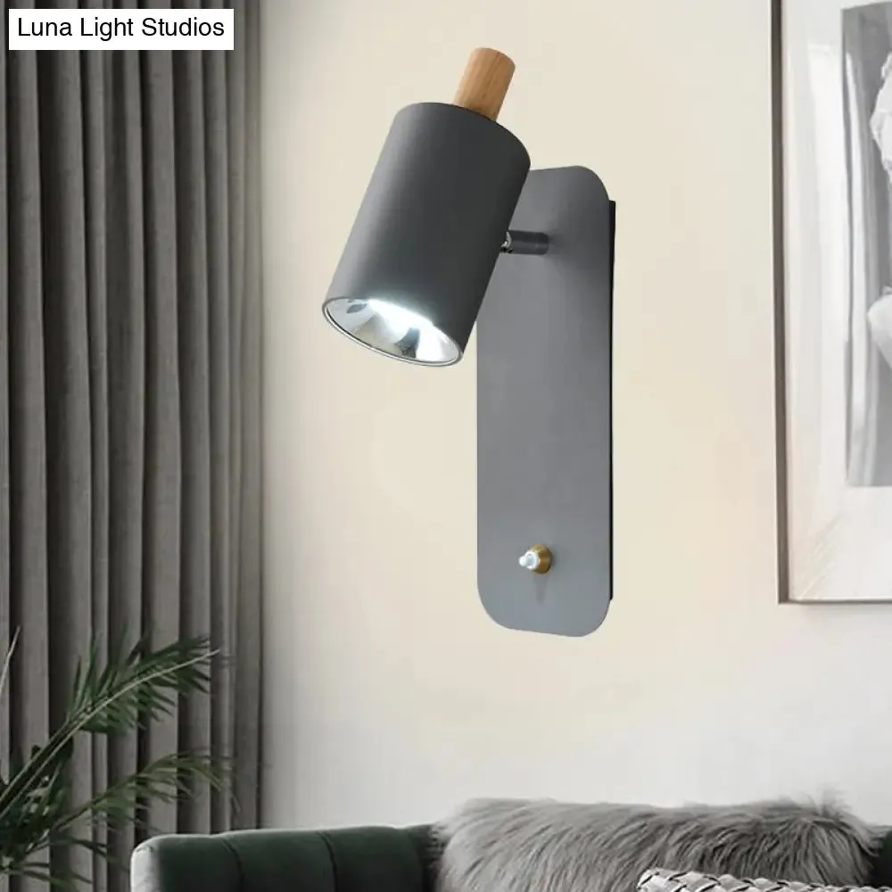 Minimalist Metal Cylinder Wall Sconce with Wood Cap and 1 Light in White/Grey