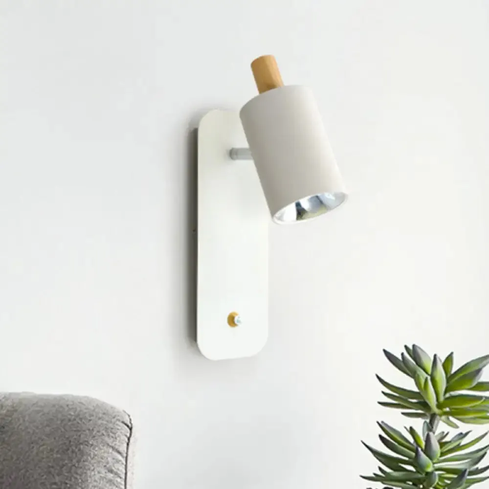 Minimalist Metal Cylinder Wall Sconce with Wood Cap and 1 Light in White/Grey