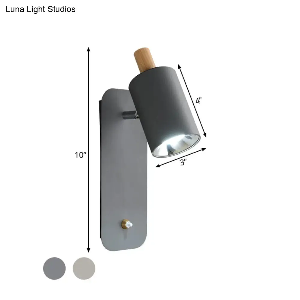 Minimalist Metal Cylinder Wall Sconce with Wood Cap and 1 Light in White/Grey