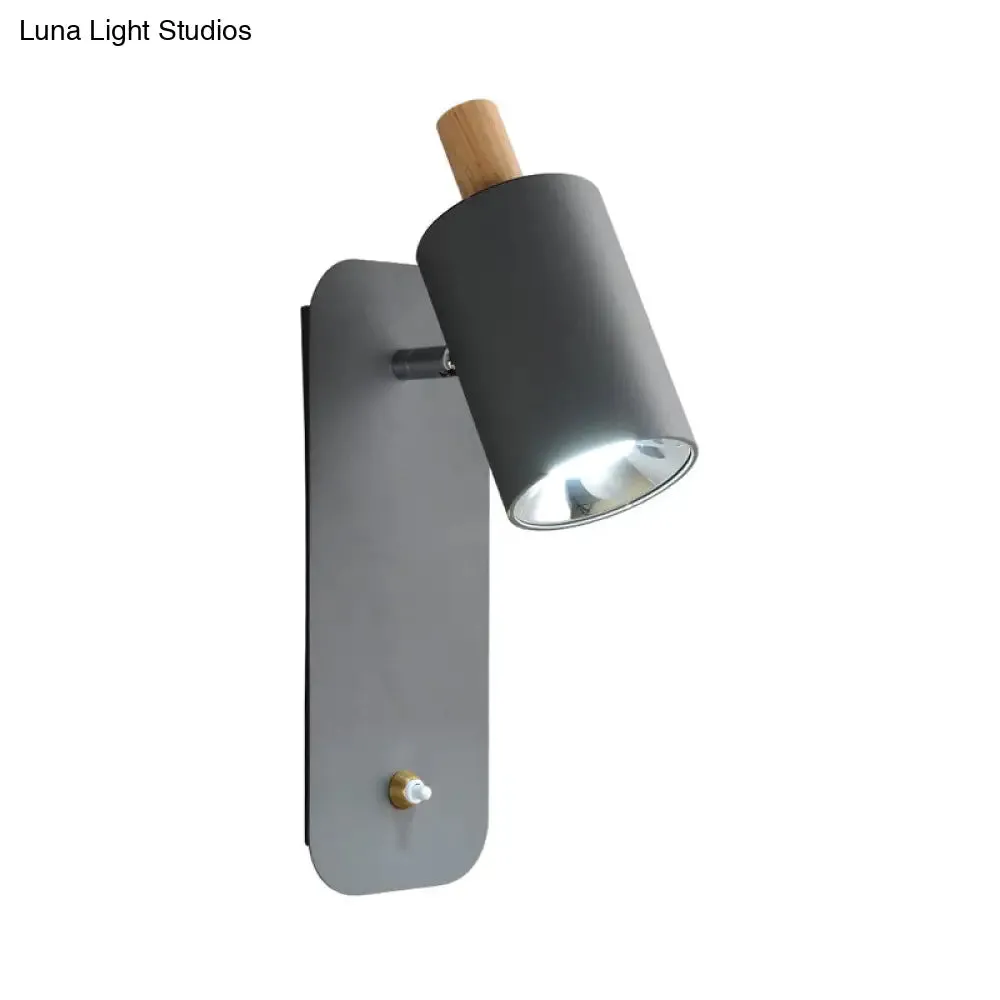 Minimalist Metal Cylinder Wall Sconce with Wood Cap and 1 Light in White/Grey