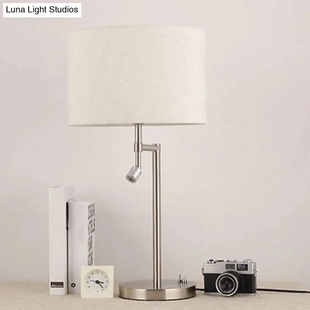 Minimalist White Nightstand Light with Swivelable Spotlight - Fabric Drum Shaped Table Lighting