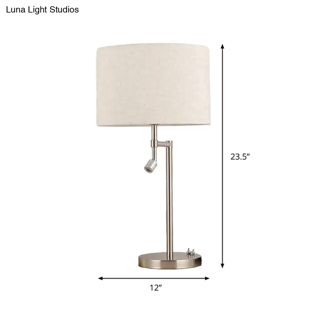 Minimalist White Nightstand Light with Swivelable Spotlight - Fabric Drum Shaped Table Lighting