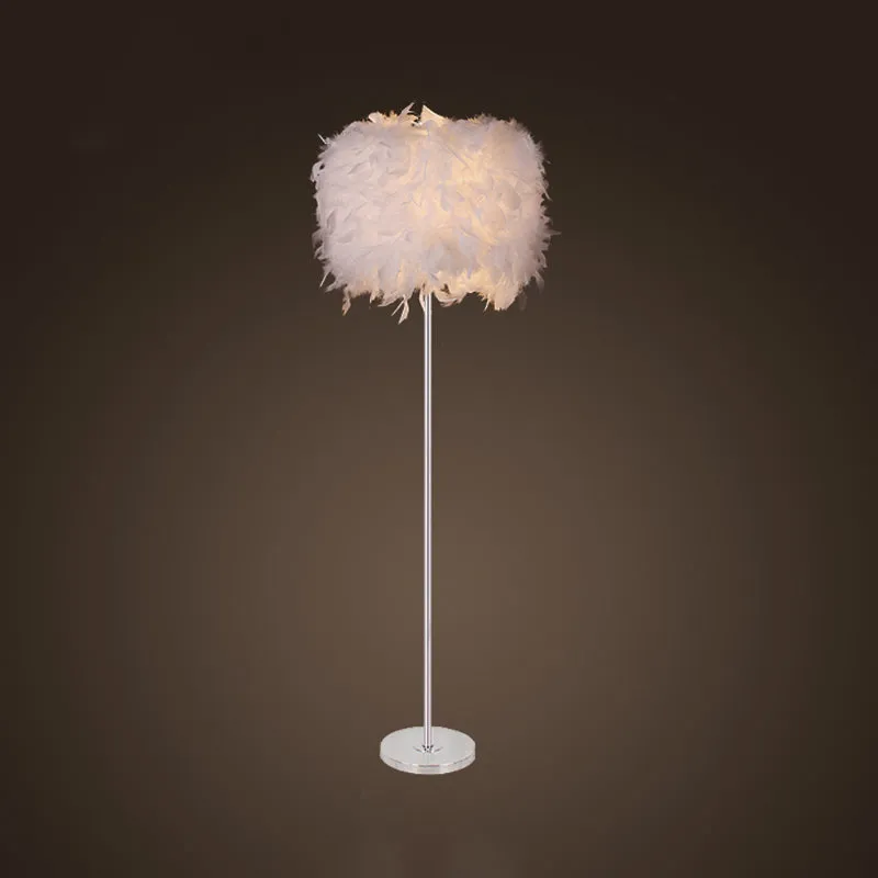 Minimalist White/Chrome Living Room Floor Lamp - Single-Bulb Standing Light with Feather Shade