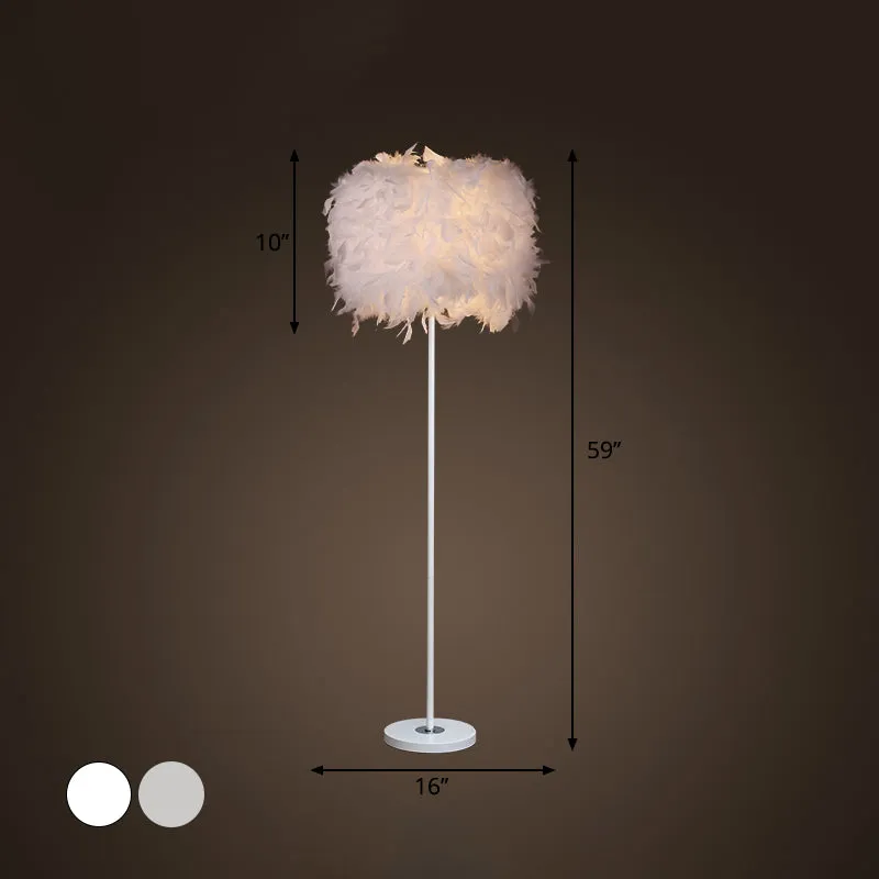 Minimalist White/Chrome Living Room Floor Lamp - Single-Bulb Standing Light with Feather Shade