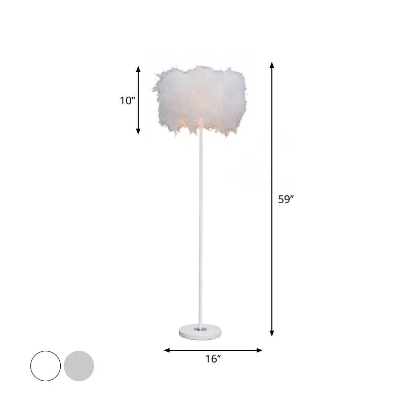 Minimalist White/Chrome Living Room Floor Lamp - Single-Bulb Standing Light with Feather Shade