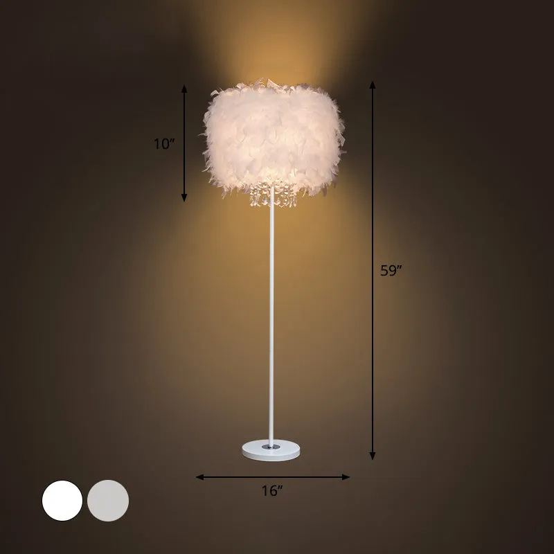 Minimalist White/Chrome Living Room Floor Lamp - Single-Bulb Standing Light with Feather Shade