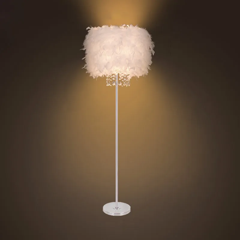 Minimalist White/Chrome Living Room Floor Lamp - Single-Bulb Standing Light with Feather Shade