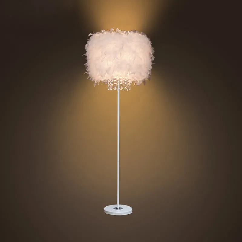 Minimalist White/Chrome Living Room Floor Lamp - Single-Bulb Standing Light with Feather Shade