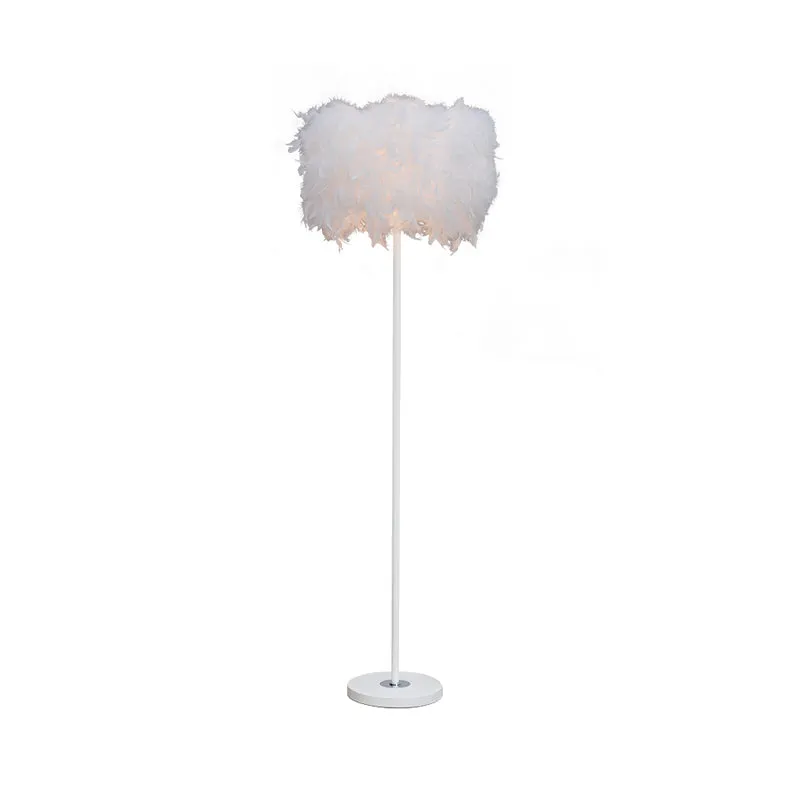 Minimalist White/Chrome Living Room Floor Lamp - Single-Bulb Standing Light with Feather Shade