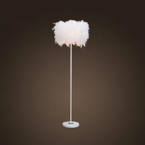 Minimalist White/Chrome Living Room Floor Lamp - Single-Bulb Standing Light with Feather Shade