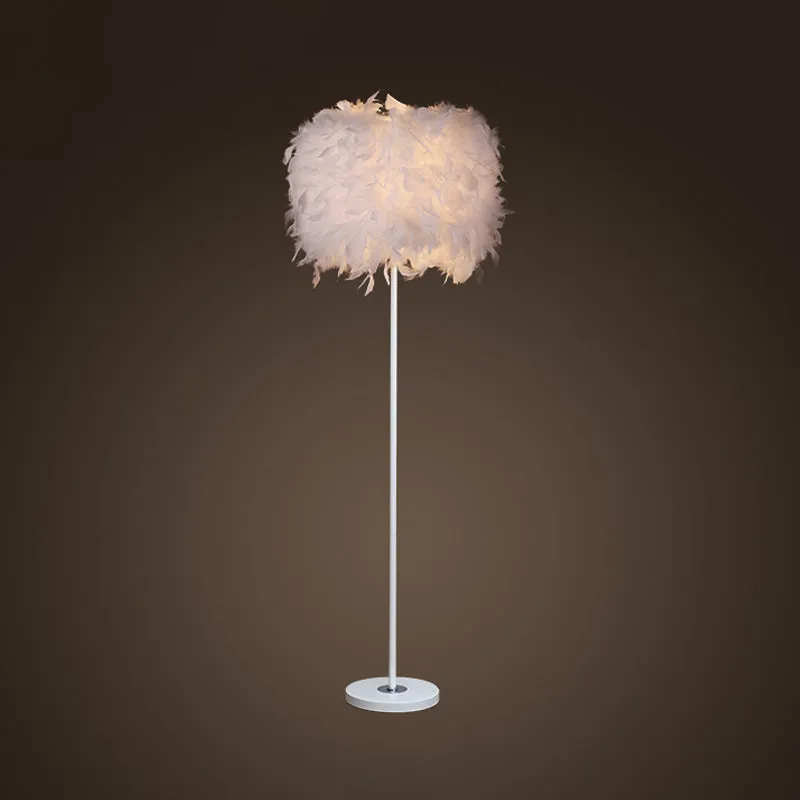 Minimalist White/Chrome Living Room Floor Lamp - Single-Bulb Standing Light with Feather Shade