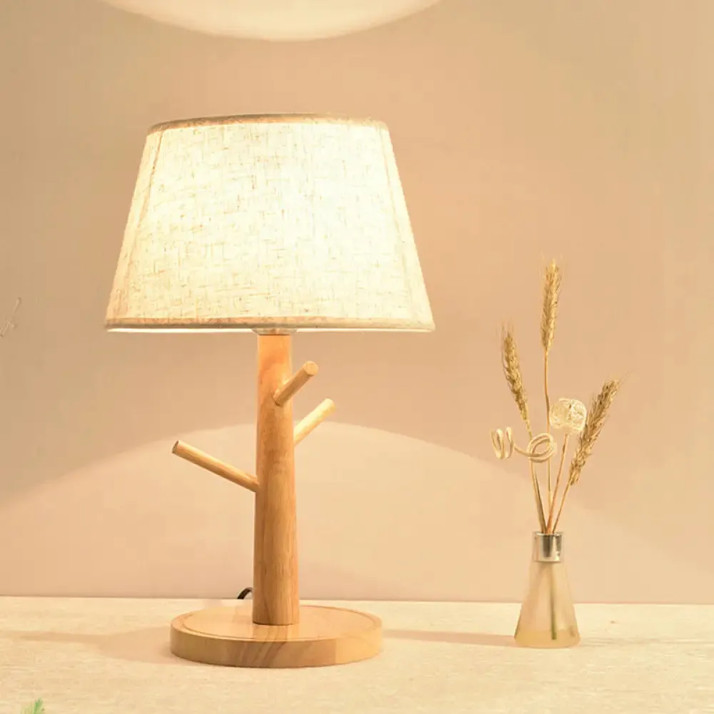 Minimalist Wood Tree Branch Nightstand Lamp with White Tapered Fabric Shade