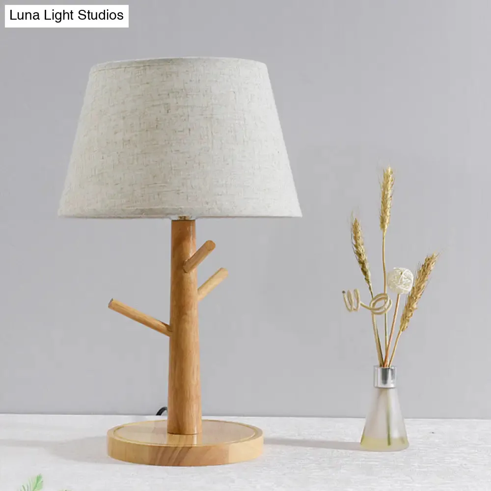 Minimalist Wood Tree Branch Nightstand Lamp with White Tapered Fabric Shade