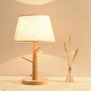 Minimalist Wood Tree Branch Nightstand Lamp with White Tapered Fabric Shade