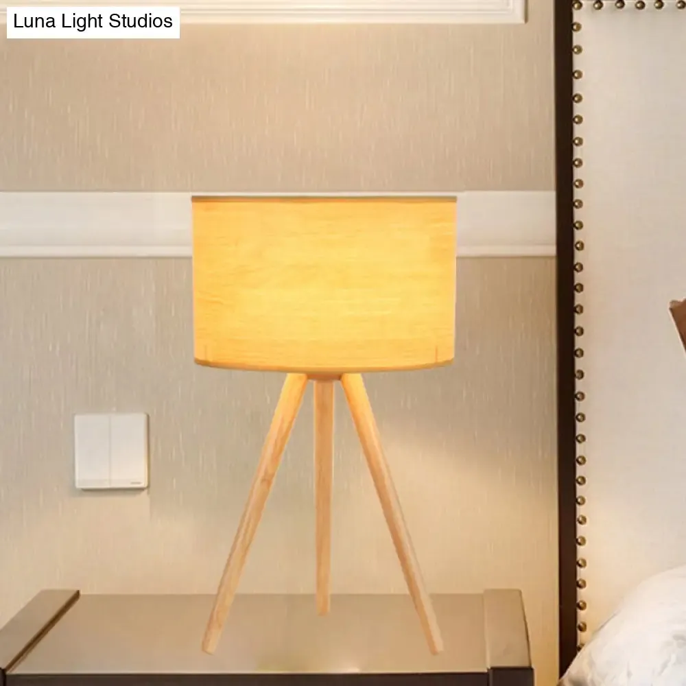 Minimalist Wood Tripod Bedside Table Lamp with Fabric Shade - 1 Bulb Night Light